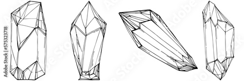 Cristal vector illustration. Abstract modern geometric objects with diamond shapes, crystals. Black and white hand draw.