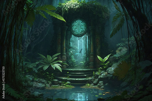 ancient water fountain architecture hidden in the forest. Generative Ai