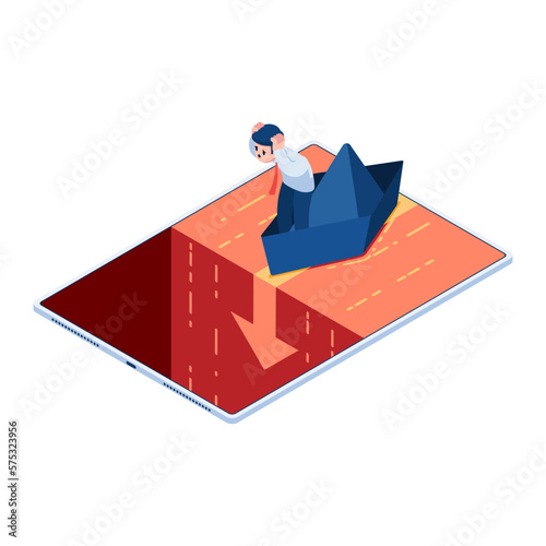 Isometric Businessman on a Paper Boat Heading to The Red Ocean Waterfall