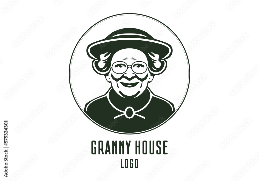 Vector logo, granny house. Monochrome portrait of an elderly smiling kind woman in a glasses on a white background. Round sticker or emblem. Vector logo, granny house. Monochrome portrait of an elderly smiling kind woman in a glasses on a white background. Round sticker or emblem.