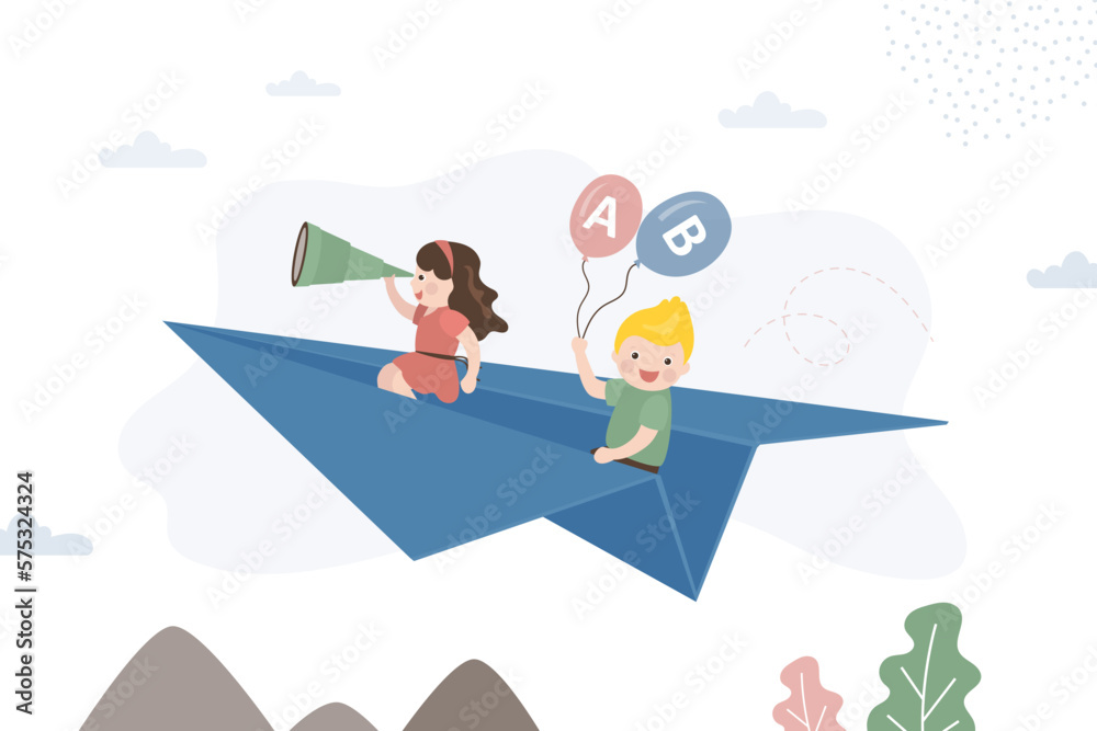 Funny kids flying on paper plane. Caucasian schoolgirl and schoolboy riding origami airplane on sky. Exploration, creativity, back to school, education concept. Communication, talking.