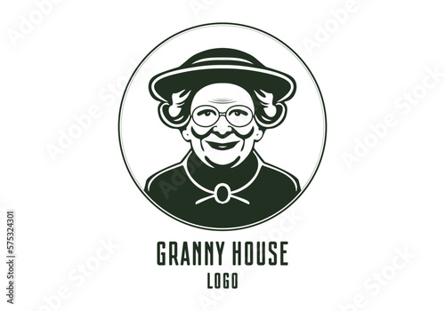 Vector logo, granny house. Monochrome portrait of an elderly smiling kind woman in a glasses on a white background. Round sticker or emblem.