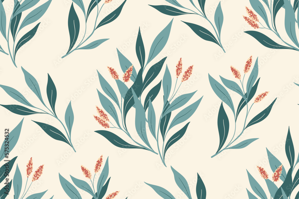 Seamless floral pattern, decorative art botanical print with folk motif. Beautiful design with hand drawn plants: branches with small flowers, blue leaves on a white background. Vector illustration.