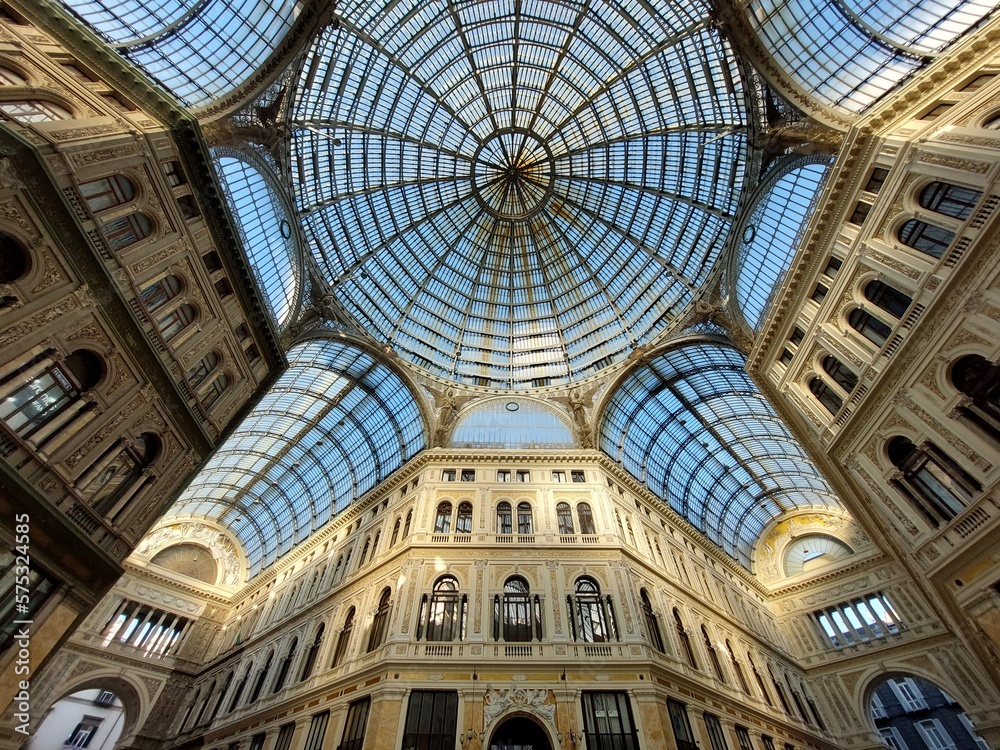 The dome of the Galleria Umberto in Naples, Italy. The Gallery Umberto dome view from below. 