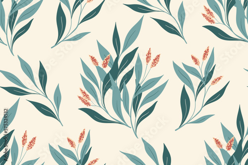 Seamless floral pattern  decorative art botanical print with folk motif. Beautiful design with hand drawn plants  branches with small flowers  blue leaves on a white background. Vector illustration.