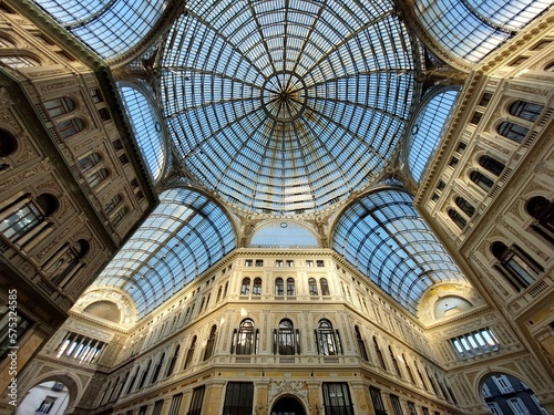 The dome of the Galleria Umberto in Naples, Italy. The Gallery Umberto dome view from below. 