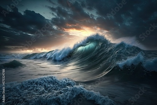 Ocean waves and dawn. Generative AI photo