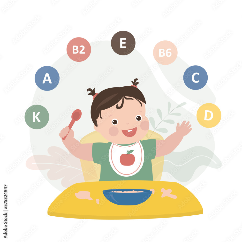 Happy healthy infant girl eating proper nutrition. Food containing many useful vitamins, nutrition for growing organism. Nutrition for little kids. Happy healthy infant girl eating proper nutrition. Food containing many useful vitamins, nutrition for growing organism. Nutrition for little kids.