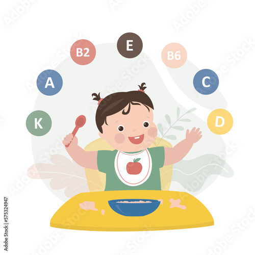 Happy healthy infant girl eating proper nutrition. Food containing many useful vitamins, nutrition for growing organism. Nutrition for little kids.