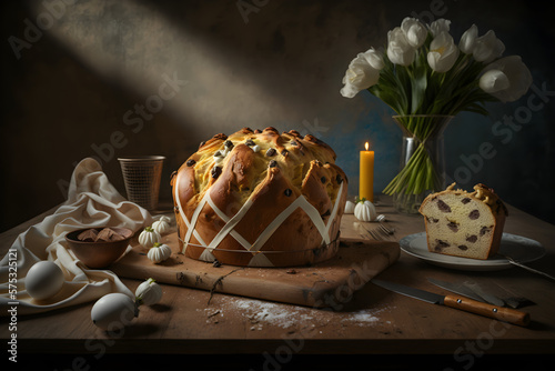 Easter traditional bread cake kraffin panettone decorated on kitchen table, pie with seeds, Generative AI photo