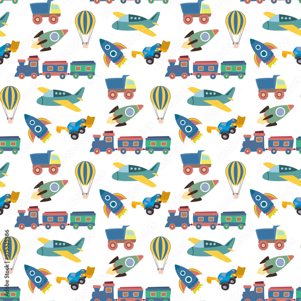 Seamless pattern with various children toys. Texture, ornament with preschooler toys - airplane, rockets, trucks and others transport. Decoration, cartoon wallpaper.