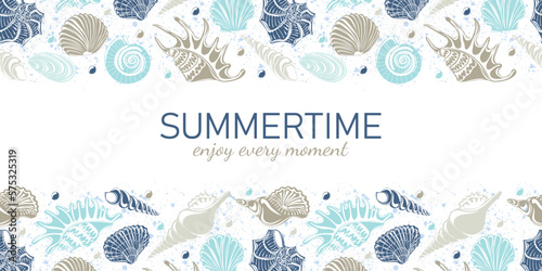 Summertime, enjoy every moment. Seamless horizontal border with colorful seashells on a white background. Vector illustrations