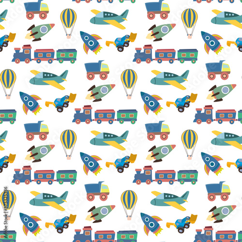 Seamless pattern with various children toys. Texture, ornament with preschooler toys - airplane, rockets, trucks and others transport. Decoration, cartoon wallpaper.