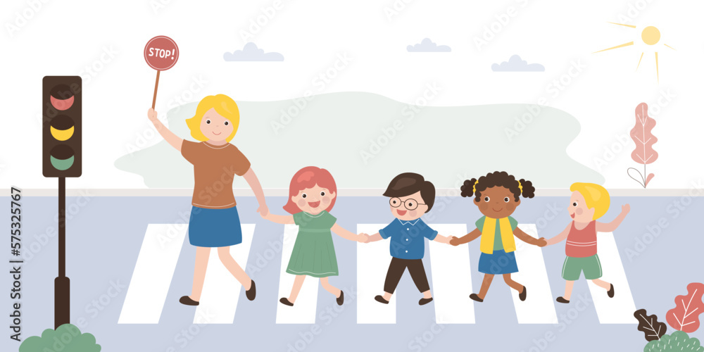 Caucasian educator or teacher with group of children cross road at crosswalk. Pedestrian safety, people follow rules of road. City view, urban road, traffic light. Multiethnic kids at street.