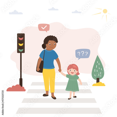 African American nanny and caucasian girl cross road at crosswalk. Pedestrian safety, people follow rules of road. City view, urban road, traffic light. Multiethnic female characters at street.