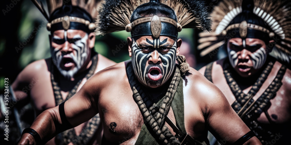 Powerful Maori Haka Dance Performance in Rotorua, New Zealand (created with Generative AI) - obrazy, fototapety, plakaty 