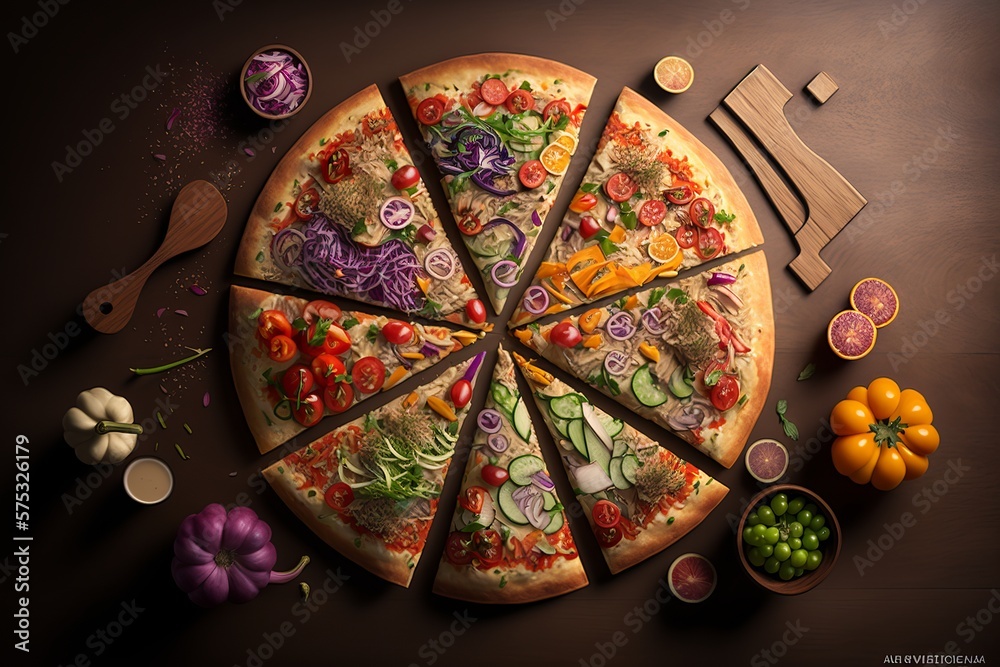 Mixed pizza with vegetables and meat on shaped wooden board