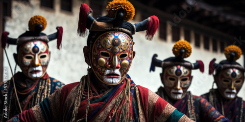 Ornate Bhutanese Mask Dance Performance at Festival in Paro (created with Generative AI)