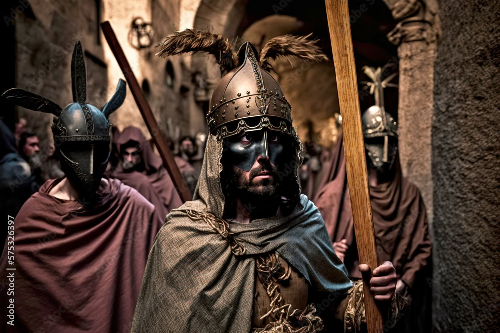 Easter processions of nazarenes group during holy week in Spain. Walking through streets during ceremony wearing mysterious hooded robes. Traditional religious event full of devotion. Generative AI.