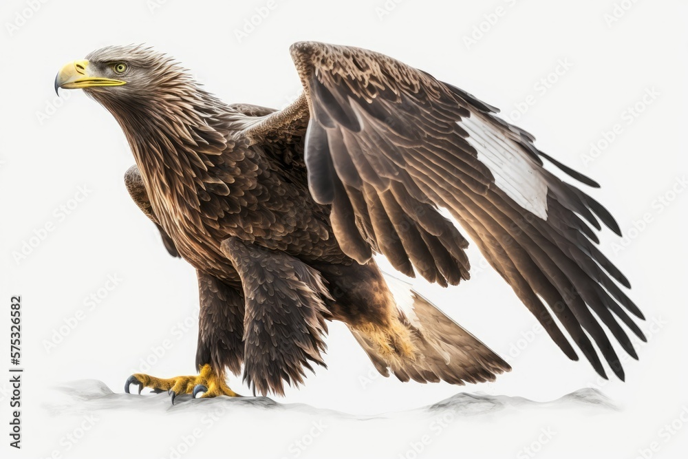 A flying adult White tailed Eagle. Stands out against a blank white background. Haliaeetus albicilla is its scientific name; other common names include white tailed sea eagle, ern, erne, gray eagle, E A flying adult White tailed Eagle. Stands out against a blank white background. Haliaeetus albicilla is its scientific name; other common names include white tailed sea eagle, ern, erne, gray eagle, E