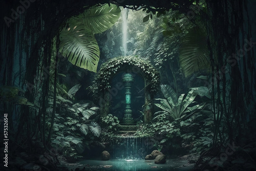 ancient water fountain architecture hidden in the forest. Generative Ai © Shades3d