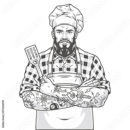 Muscular man chef sticker monochrome