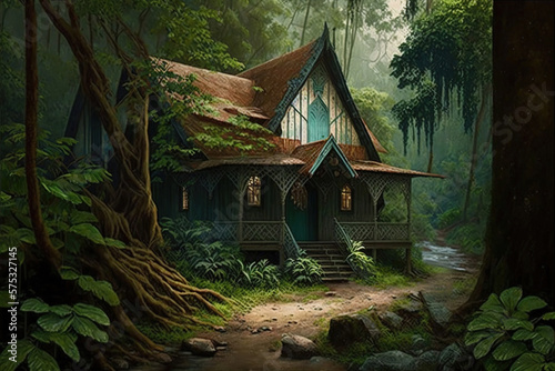 cottage hidden deep inside forest. Generative Ai © Shades3d