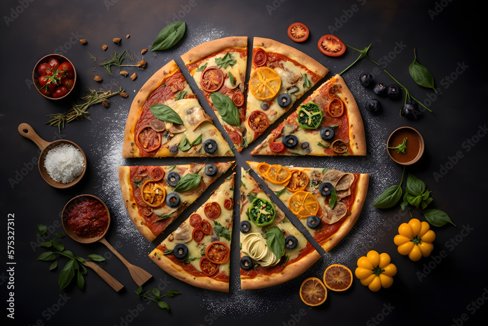 pizza with mushrooms and tomatoes, pizza with salami, tomatoes, olives and cheese on a dough with whole wheat flour, Generative AI pizza with mushrooms and tomatoes, pizza with salami, tomatoes, olives and cheese on a dough with whole wheat flour, Generative AI