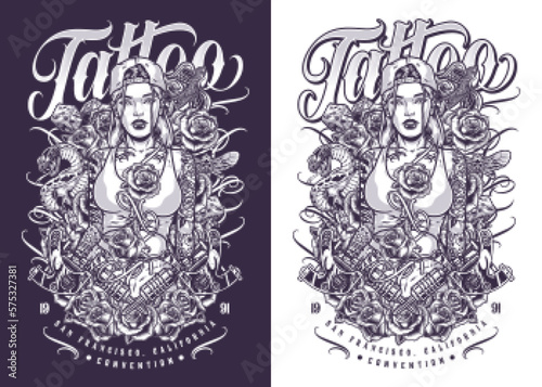 Girl tattoo master flyer monochrome