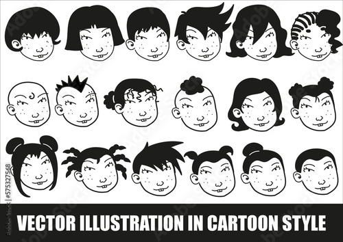 Visages dessinés à la main, style bd avec un tracé fin noir