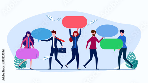 people holding speech bubbles or thought bubbles. Leave a comment or suggestion. vector illustration eps