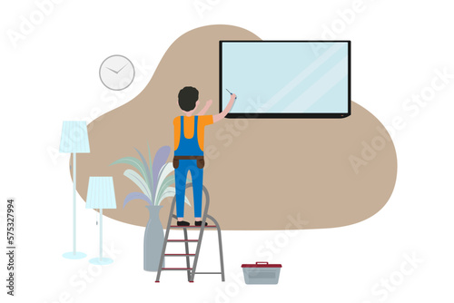 A master in a blue uniform, standing on a ladder sets a TV on the wall, vector illustration, living room with TV