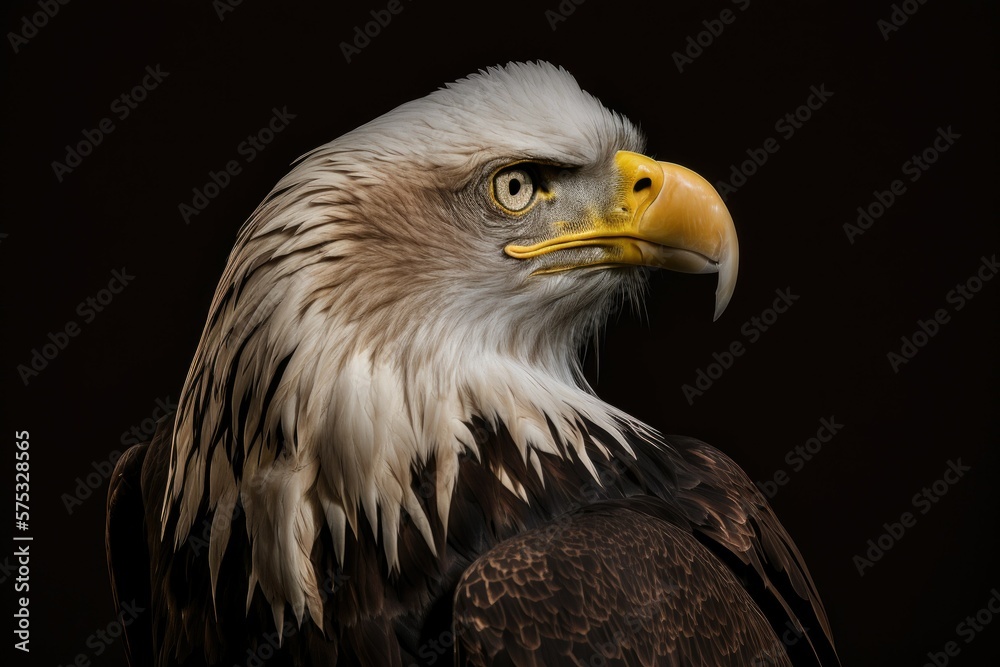 A bald American eagle looking displeased, set against a dark background. Generative AI A bald American eagle looking displeased, set against a dark background. Generative AI