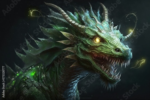 This cartoonishly fantastic green dragon looks surprised in the artwork. Generative AI