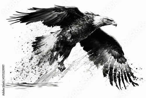Isolated on a white background, a bald eagle is making a diving catch. Generative AI