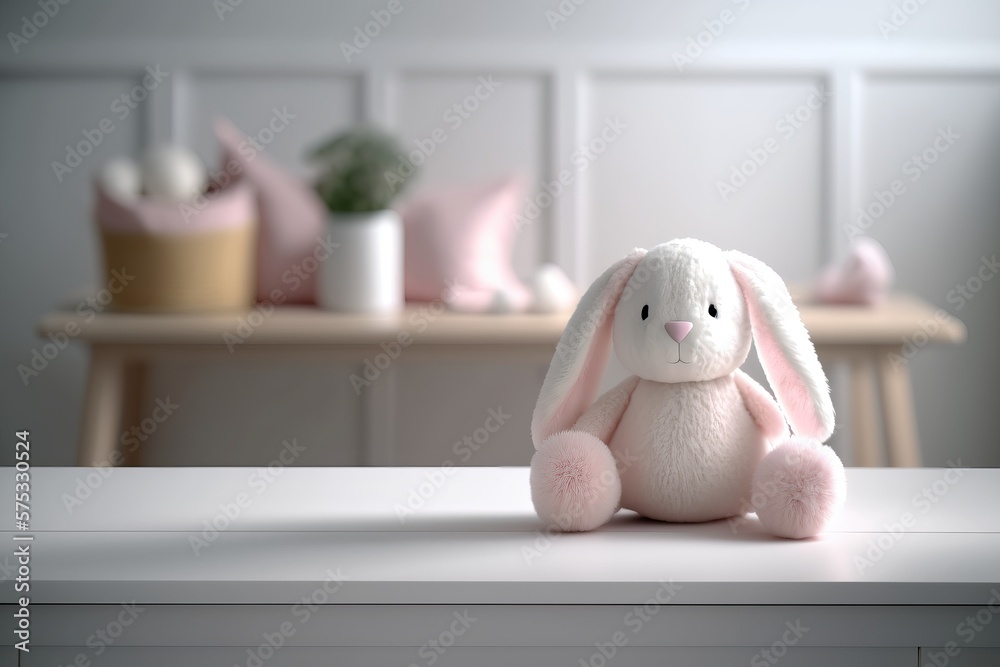 A pink and white lop-eared rabbit doll sits on the table . Stock  Illustration | Adobe Stock