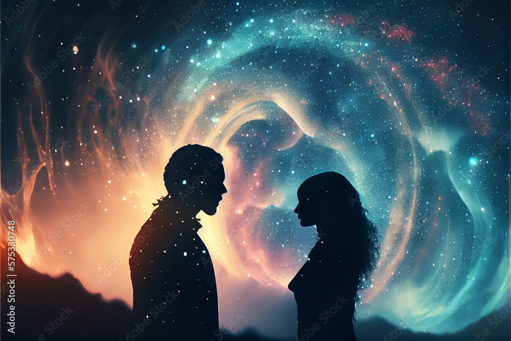 Space woman and a man on a blue starry universe background. Abstract cosmic. Purple space woman and blue space man on a black background stand together and look up. High quality illustration