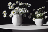 a vase filled with flowers and plants sitting on a table next to a small white flower arrangement on top of a black table top with a small white daisies. Generative AI