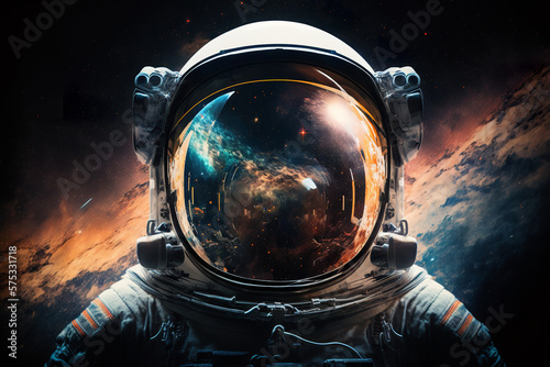 Front view astronaut potrait. Astronaut in space suit with galaxy and nebula reflection in helmet glass. Illustration. Generative AI.