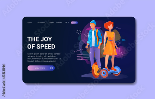 Landing Page Offers Spend Time on Gyroscooter. Vector illustration with a man and woman ride gyroscooter. 