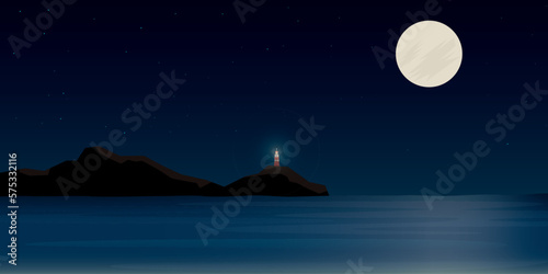 Seascape in full moon night have lighthouse on rock cliff flat illustration. Island pharos, light house, seascape, signal building on seaside and full moon with stars on the sky at night.