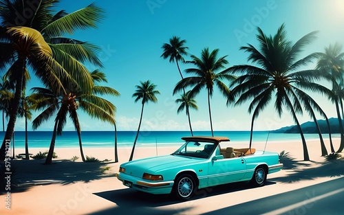 Retro car from the 90s with a view of the ocean and palm trees, travel concept, vacation, polaroid effect, generative ai	