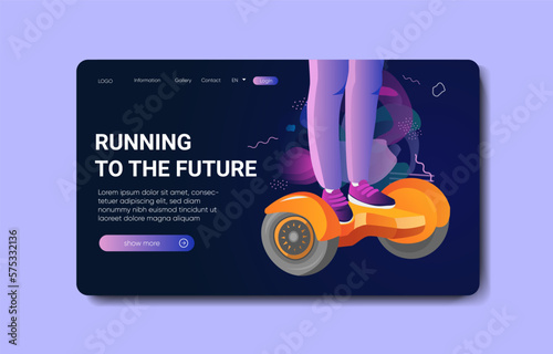 Man using hoverboard on abstract background. Feet on Gyroscooter. Outdoor activity, lifestyle concept for banner, website design or landing web page