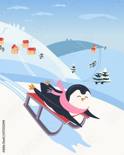 Penguin goes sledding in winter. A children's poster with a funny cartoon character