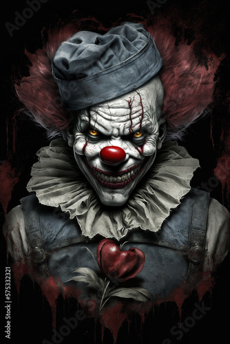 Creepy valentines day clown, horror dark background, a fictional person, Generative AI