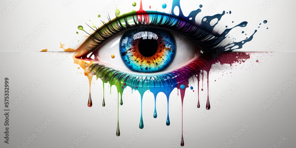 Melting human eye with splashing color drip background