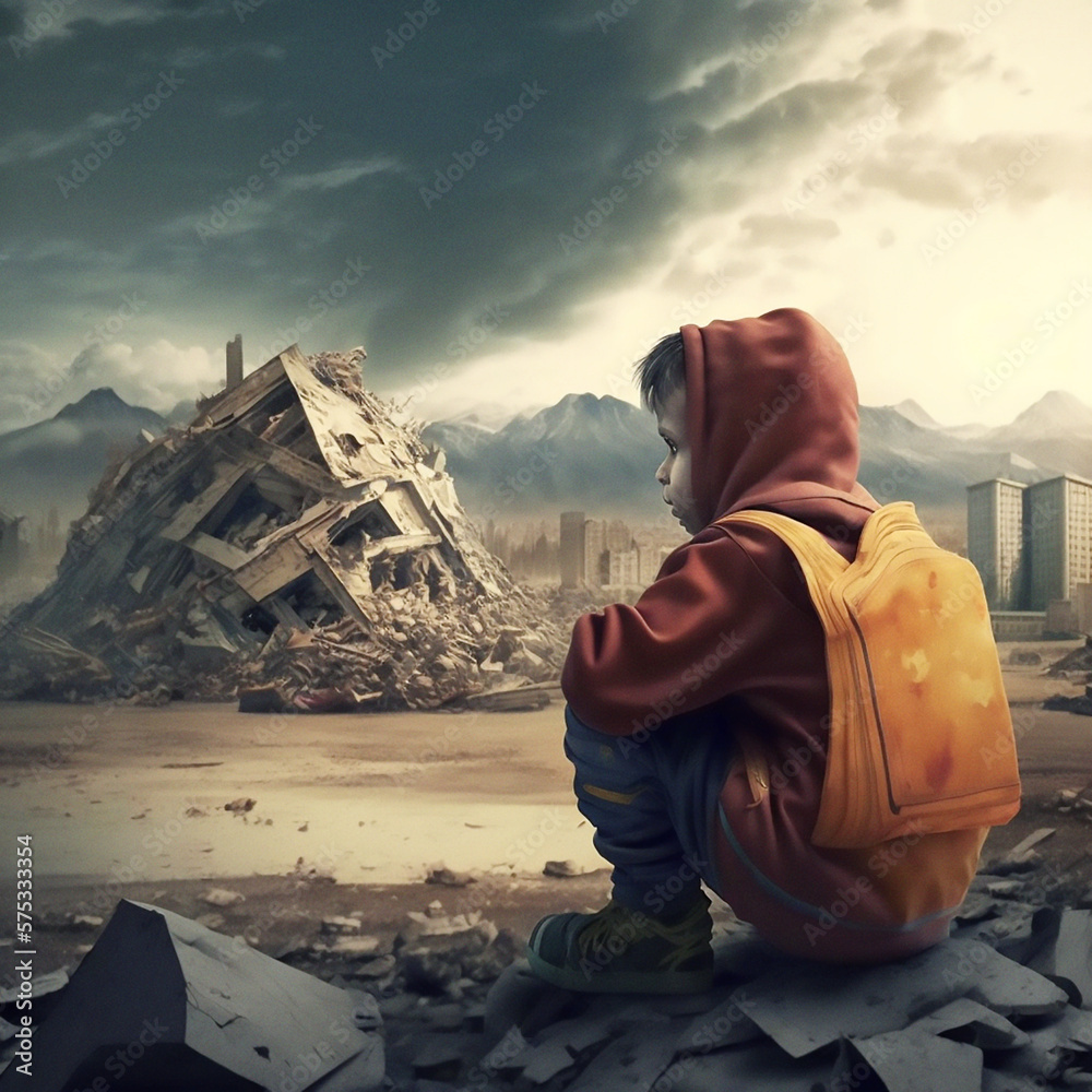Kleiner, einsamer Junge sieht die Trümmer seines Hauses nach einem großen Erdbeben, AI generated - obrazy, fototapety, plakaty 