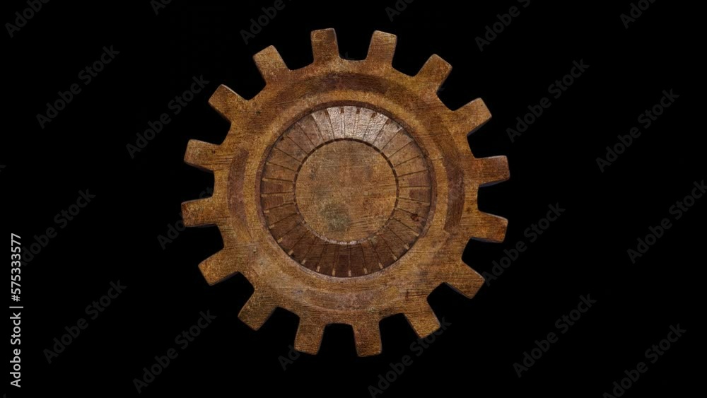rusty gears rotate on a black background. 3d render. looped animation