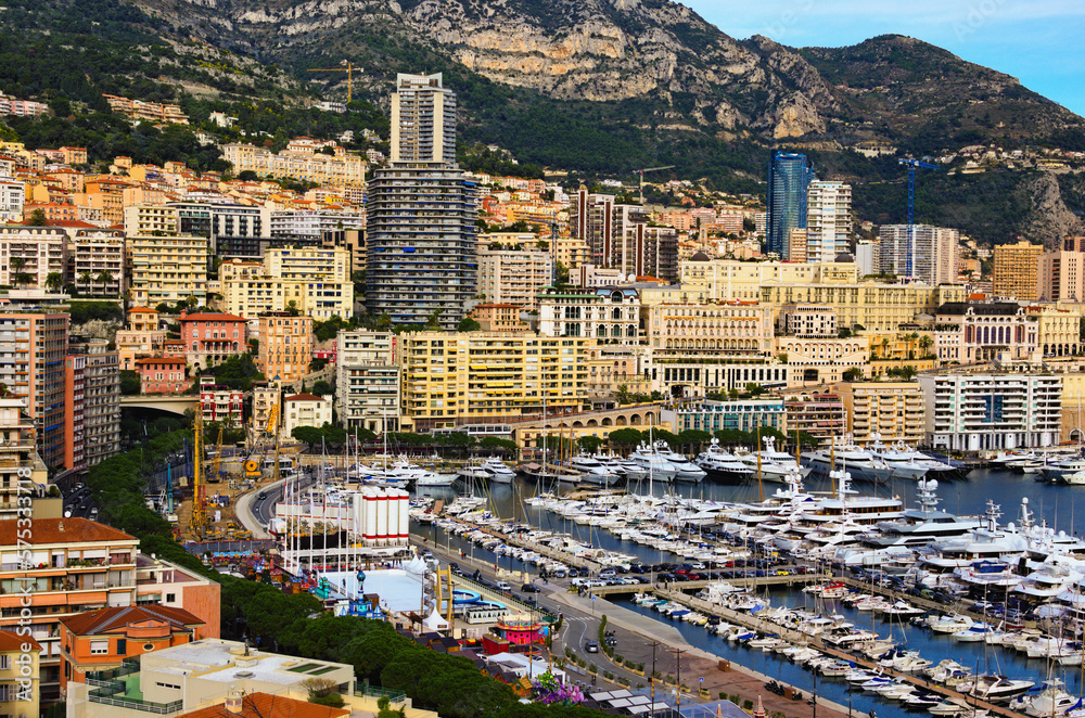 Astonishing landscape view of La Condamine ward and Port Hercules in Monaco. Port Hercules is the only deep-water port in Monaco. Famous touristic place and travel destination in Europe