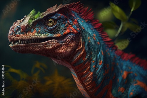 Colorful Dinosaurs Portrait of Bright BlueRed. Generative AI